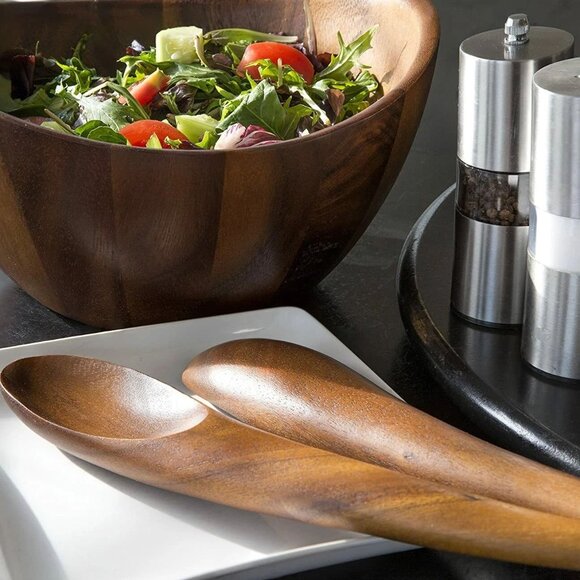 Nambe Harmony 3 Piece Salad Set Bowl & Tongs Brown Acacia Wood NEW $103 - Picture 6 of 13